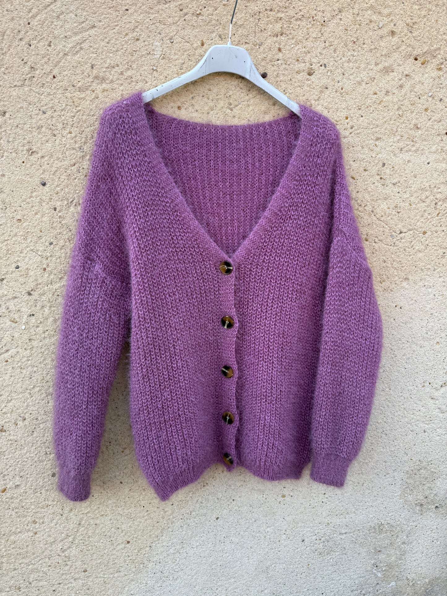 Gilet mohair cardigan vieux rose lila