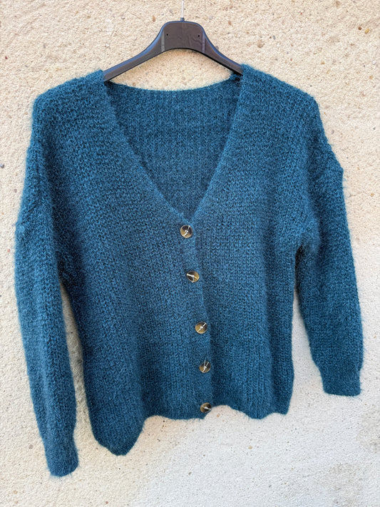 Gilet mohair cardigan bleu canard